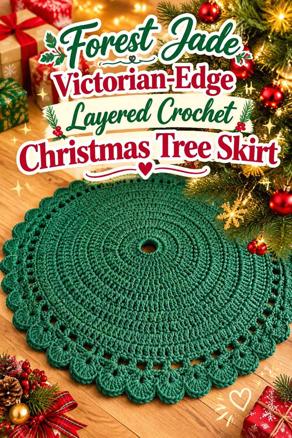 Forest Jade Victorian-Edge Layered Crochet Christmas Tree Skirt