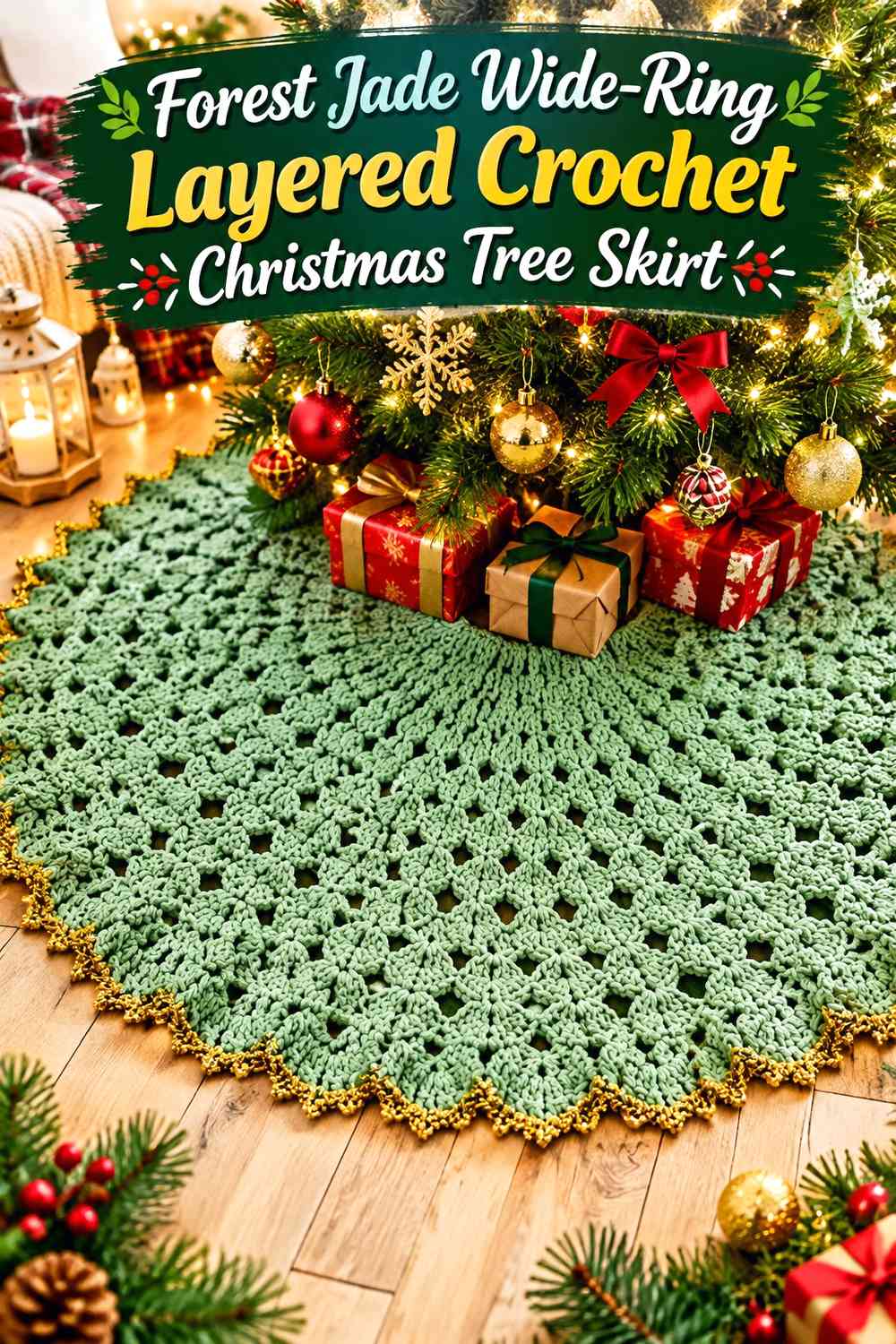 Forest Jade Wide-Ring Layered Crochet Christmas Tree Skirt