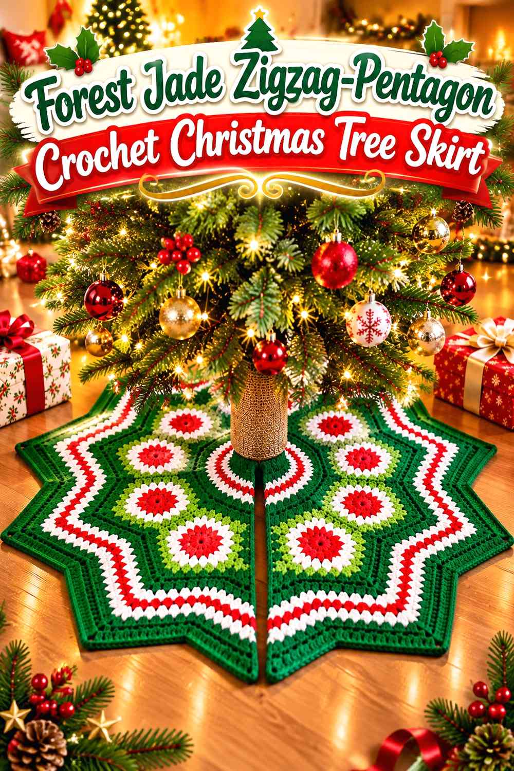 Forest Jade Zigzag-Pentagon Crochet Christmas Tree Skirt