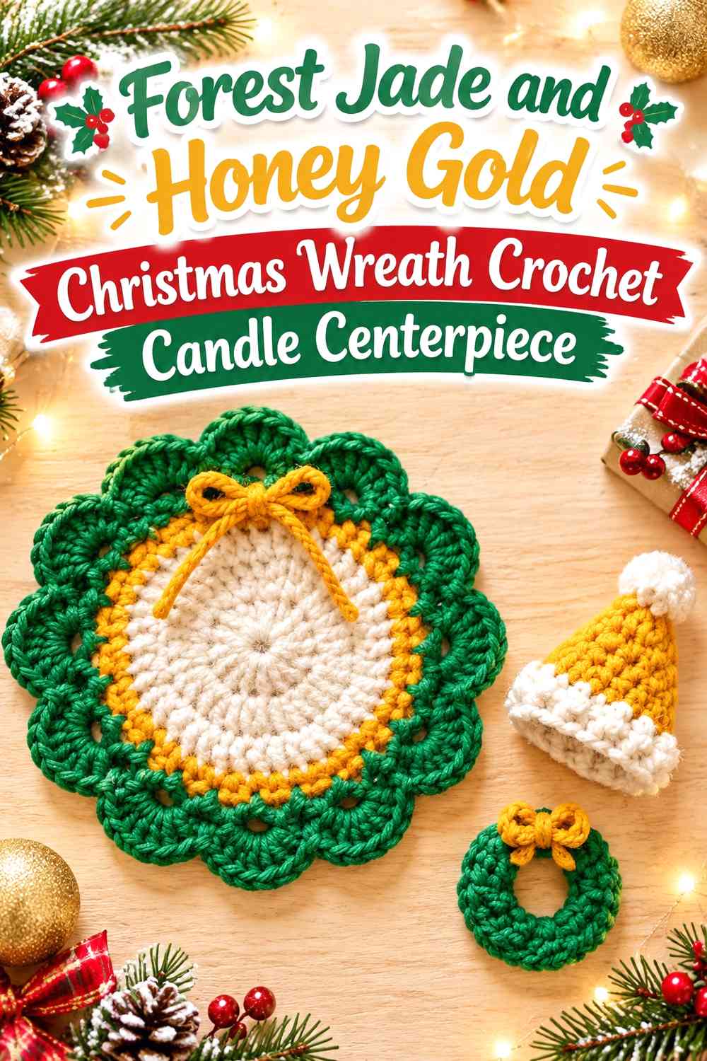 Forest Jade and Honey Gold Christmas Wreath Crochet Candle Centerpiece