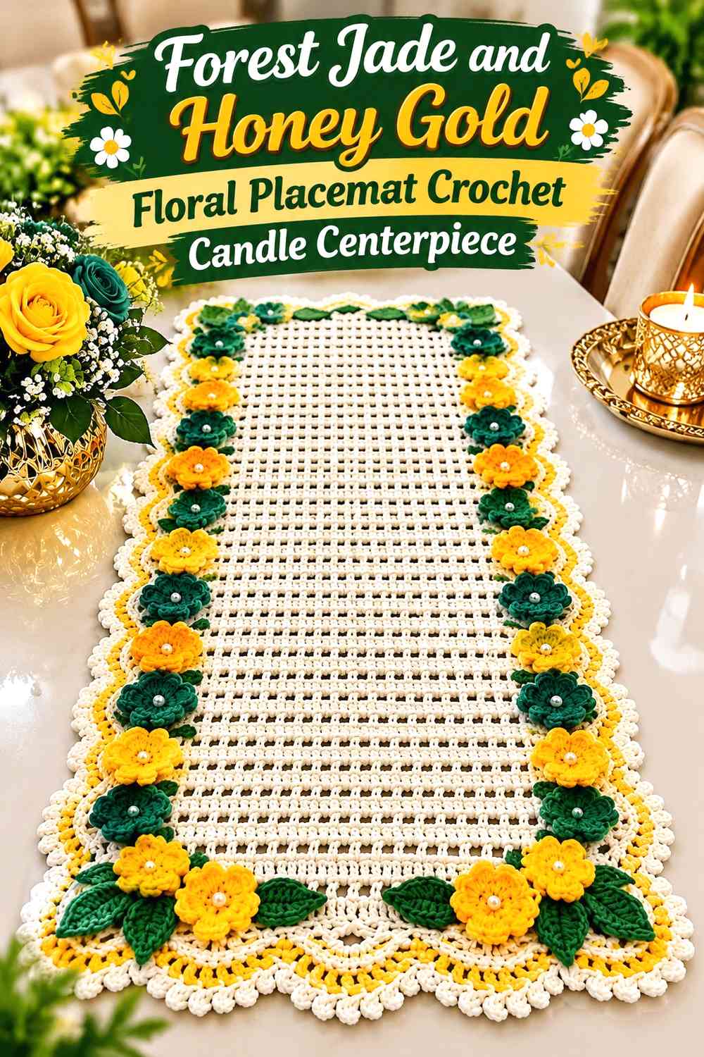 Forest Jade and Honey Gold Floral Placemat Crochet Candle Centerpiece