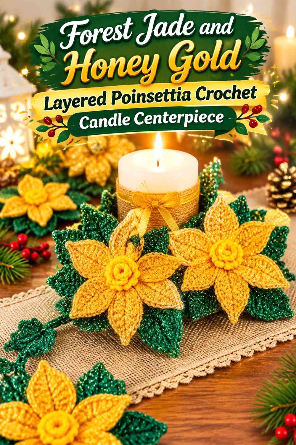 Forest Jade and Honey Gold Layered Poinsettia Crochet Candle Centerpiece