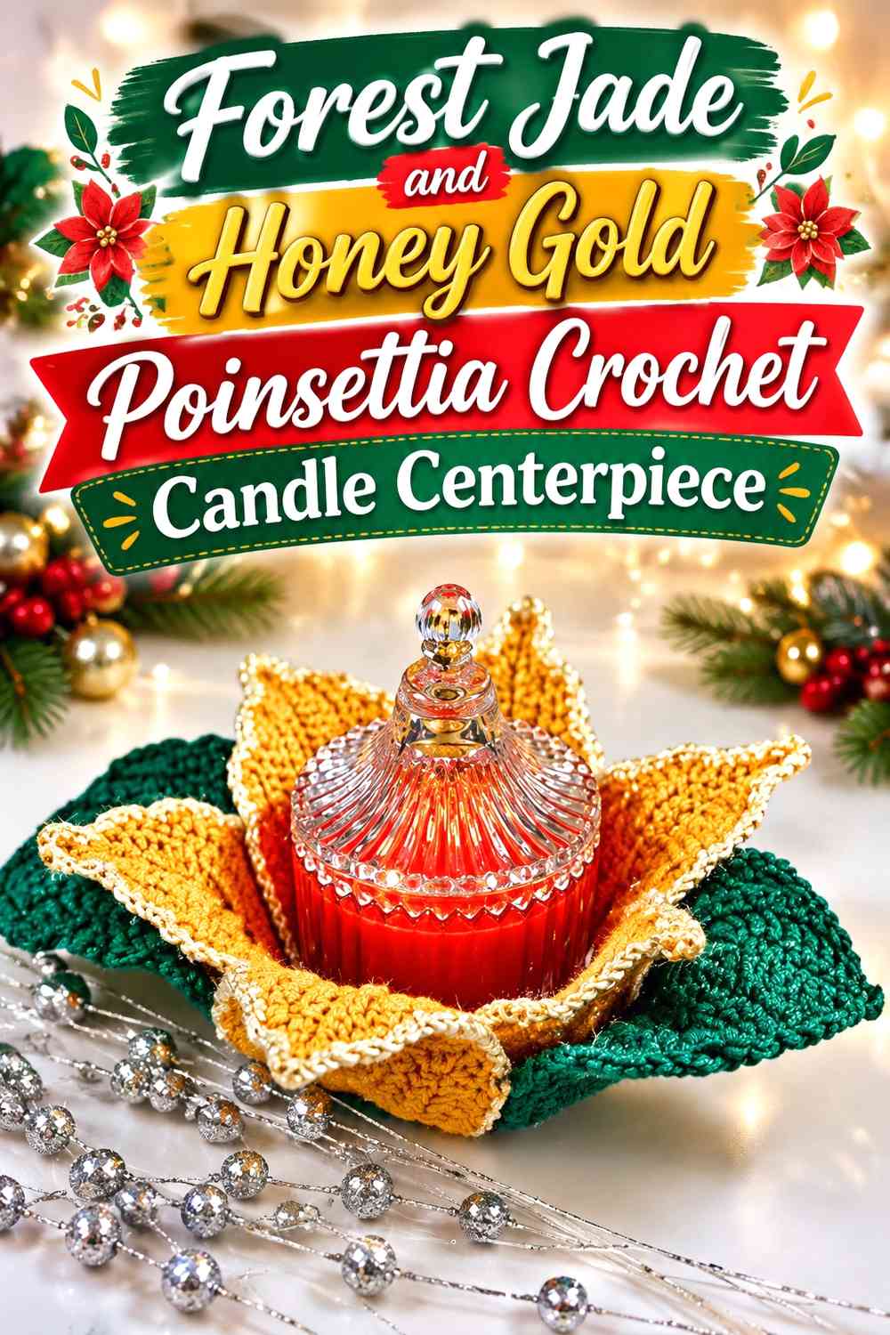 Forest Jade and Honey Gold Poinsettia Crochet Candle Centerpiece