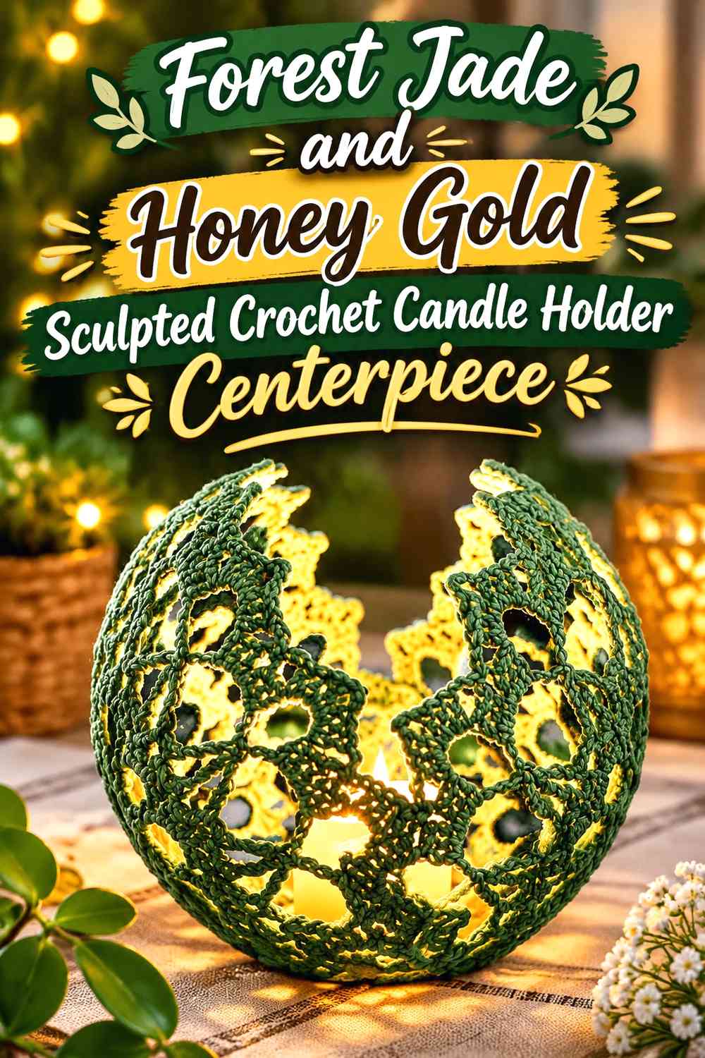 Forest Jade and Honey Gold Sculpted Crochet Candle Holder Centerpiece