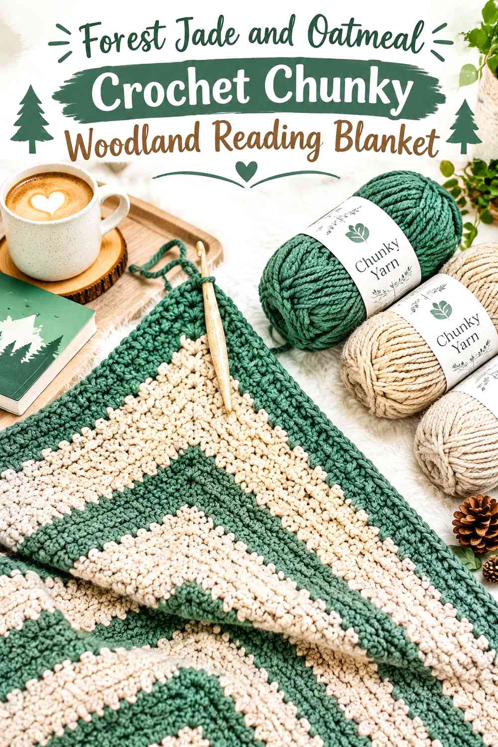 Forest Jade and Oatmeal Crochet Chunky Woodland Reading Blanket
