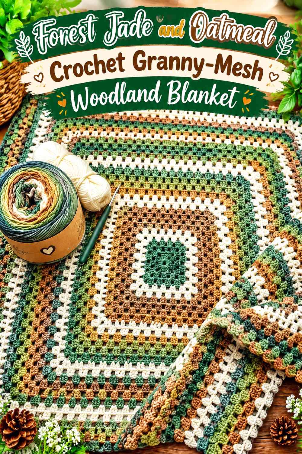 Forest Jade and Oatmeal Crochet Granny-Mesh Woodland Blanket