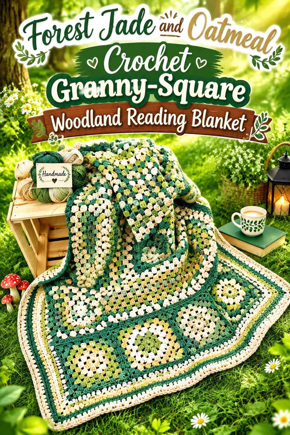Forest Jade and Oatmeal Crochet Granny-Square Woodland Reading Blanket