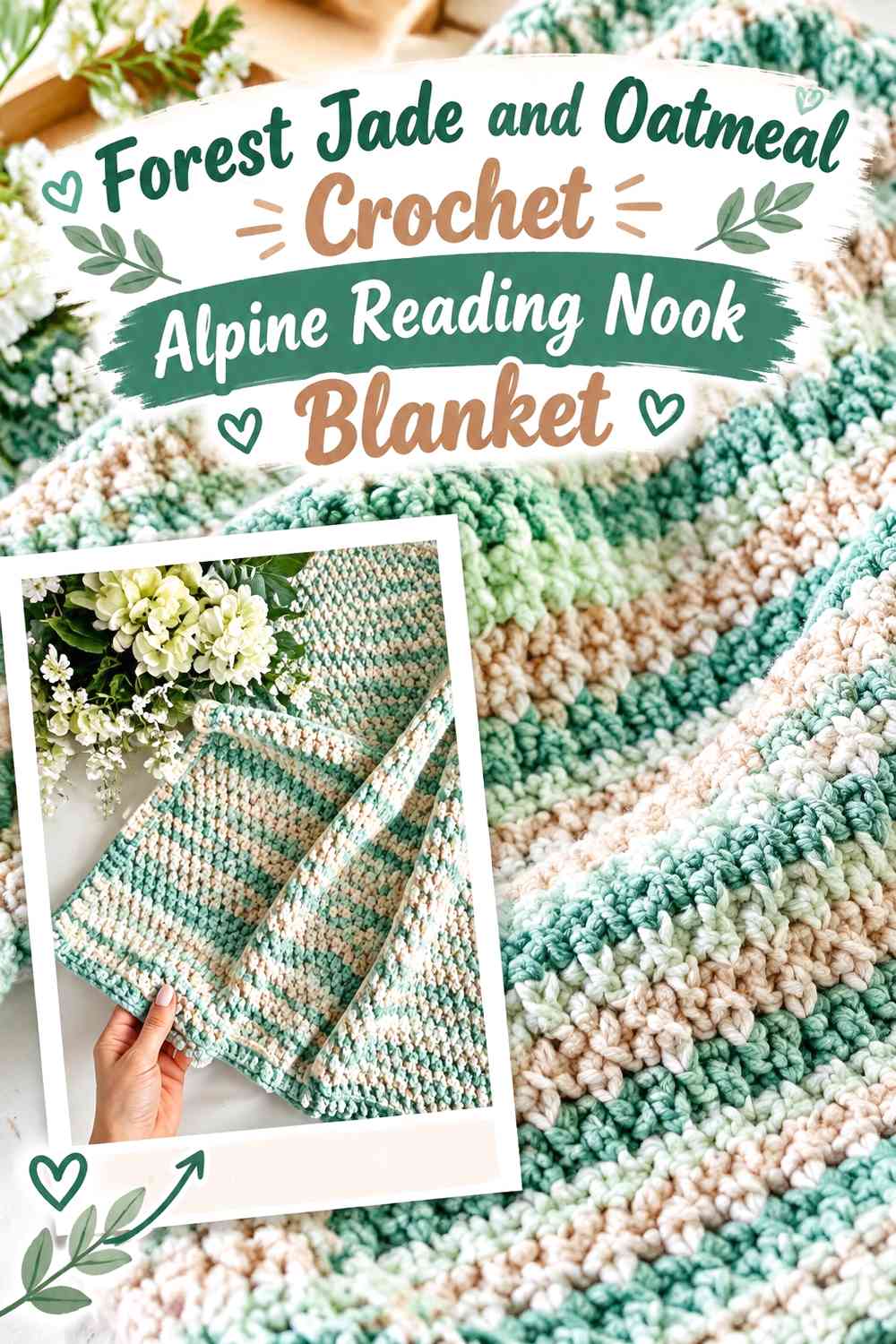 Forest Jade and Oatmeal Crochet Granny-Stripe Woodland Blanket