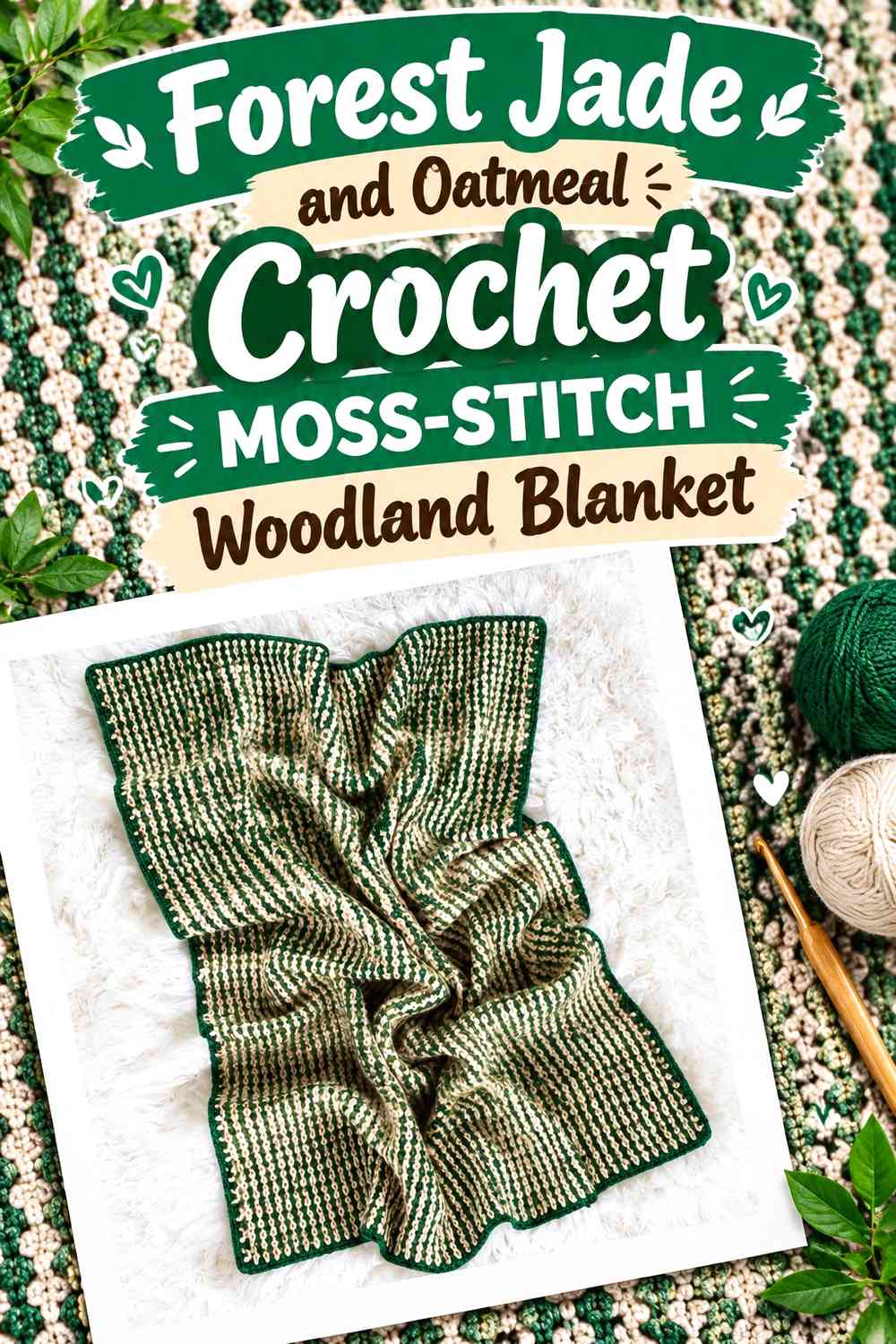 Forest Jade and Oatmeal Crochet Moss-Stitch Woodland Blanket