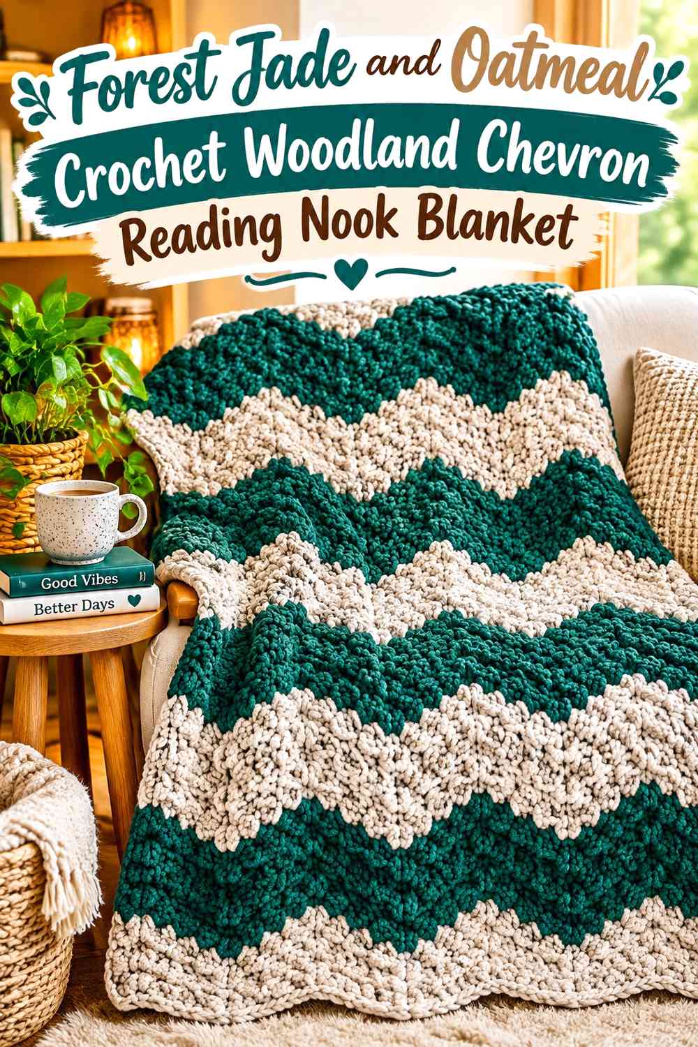 Forest Jade and Oatmeal Crochet Woodland Chevron Reading Nook Blanket