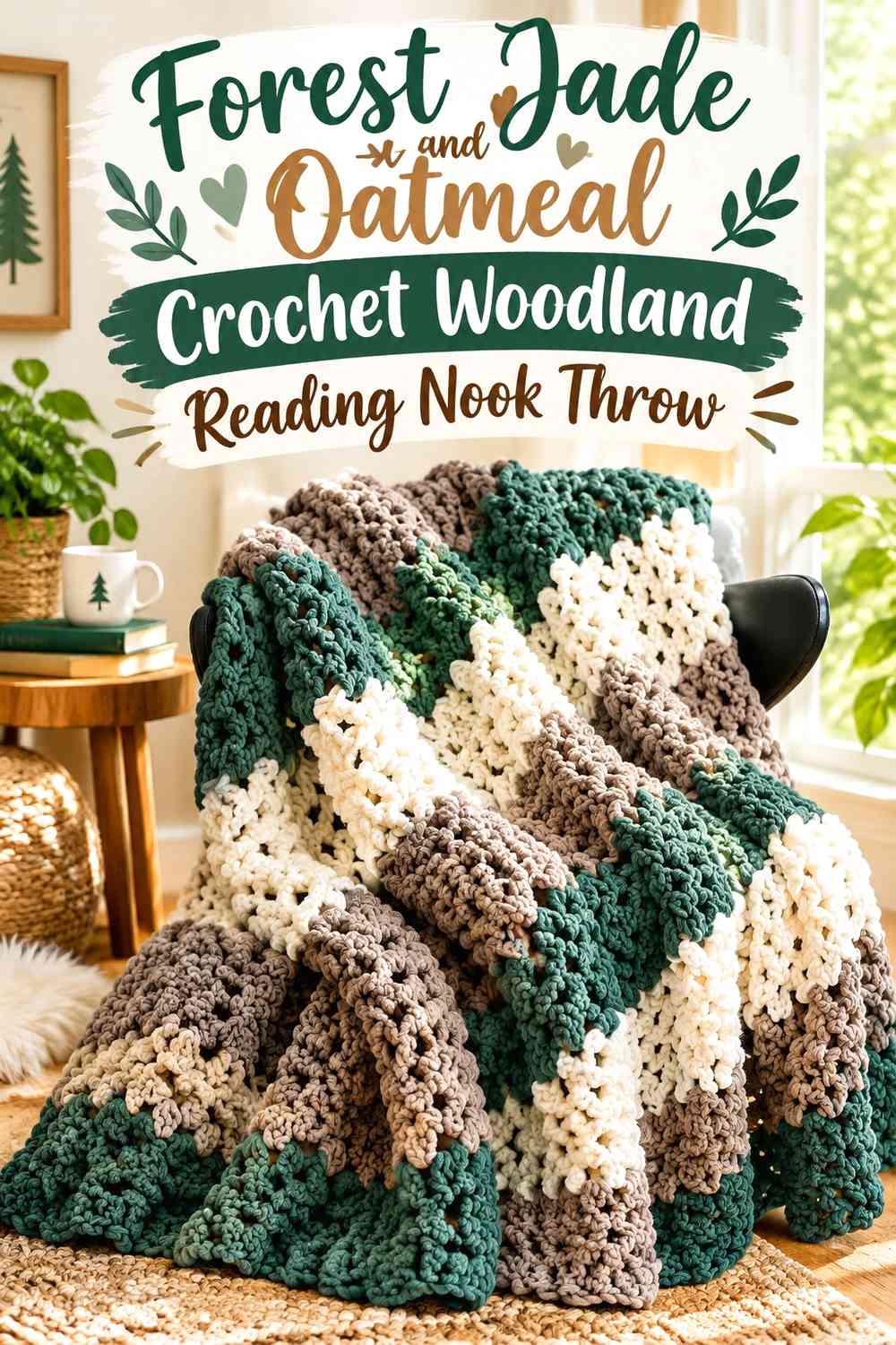 Forest Jade and Oatmeal Crochet Woodland Reading Nook Throw