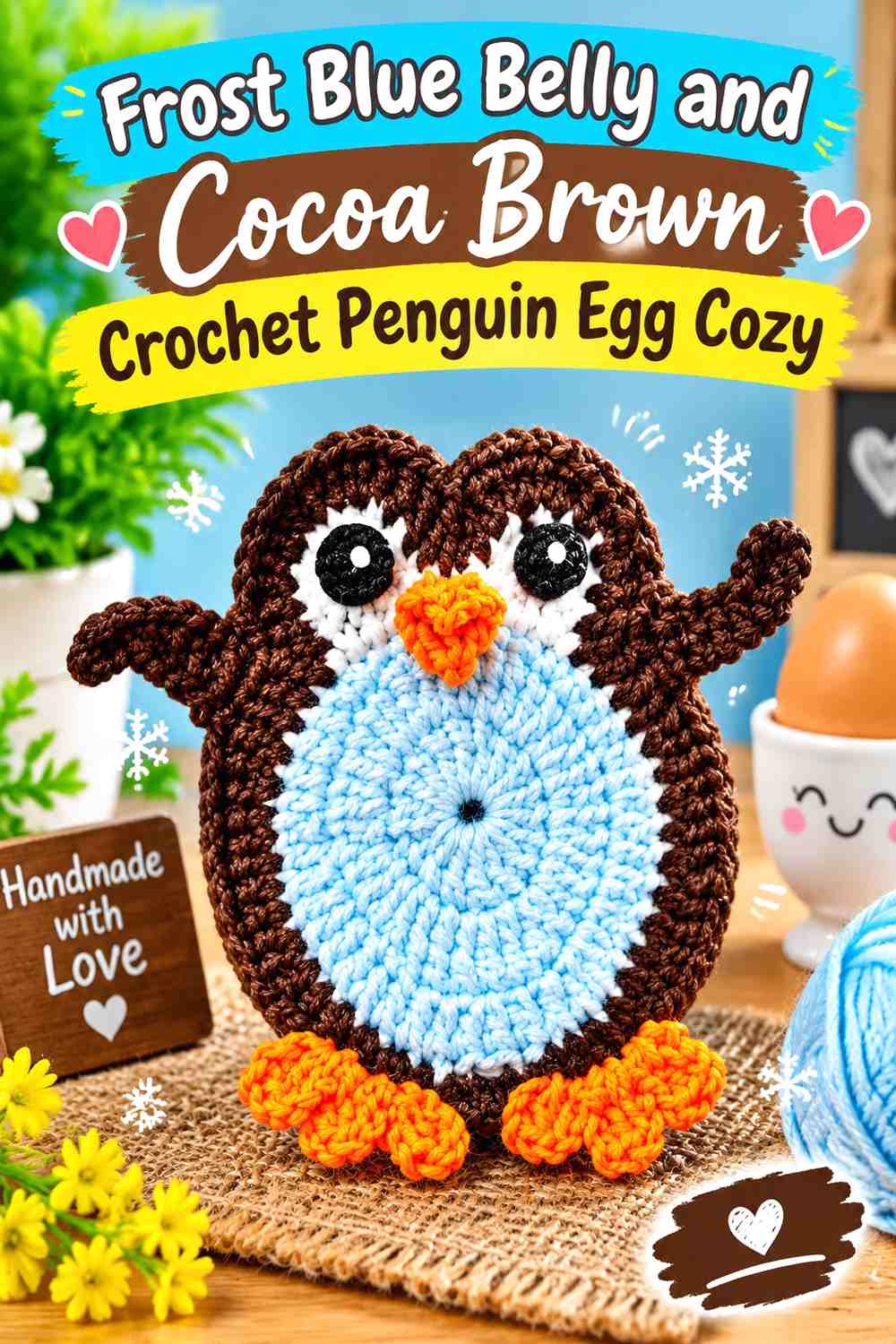 Frost Blue Belly and Cocoa Brown Crochet Penguin Egg Cozy