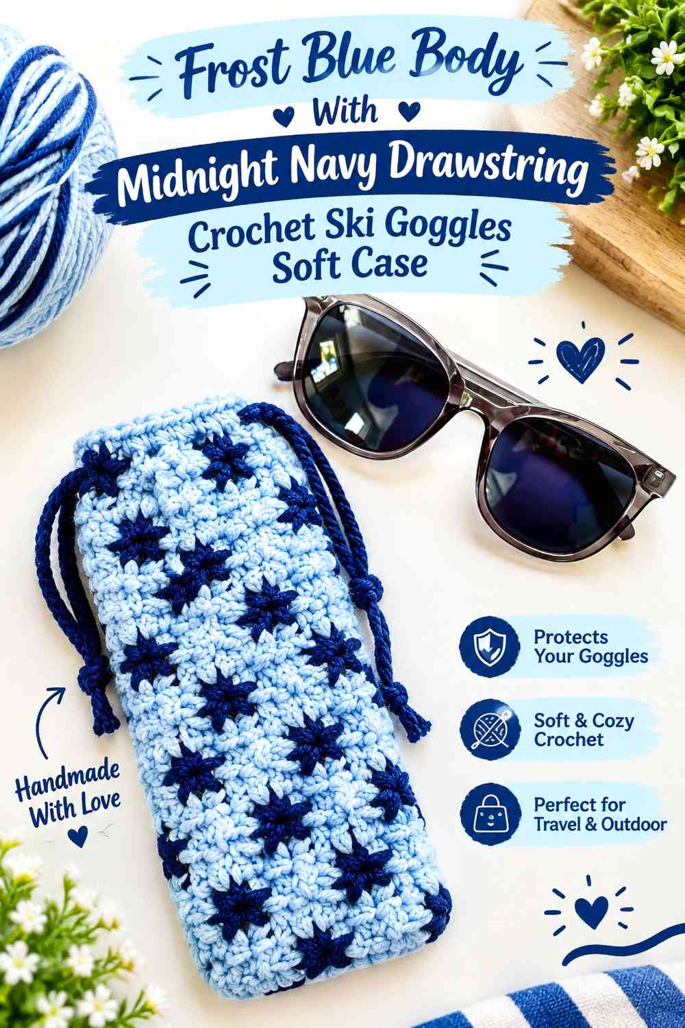 Frost Blue Body With Midnight Navy Drawstring Crochet Ski Goggles Soft Case