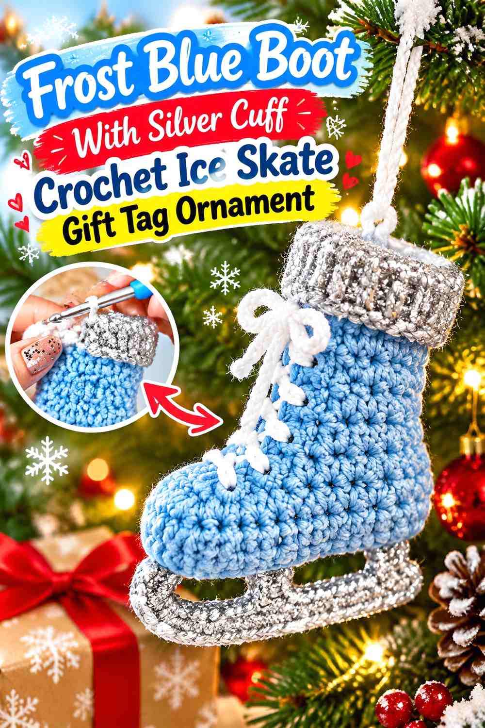 Frost Blue Boot With Silver Cuff Crochet Ice Skate Gift Tag Ornament