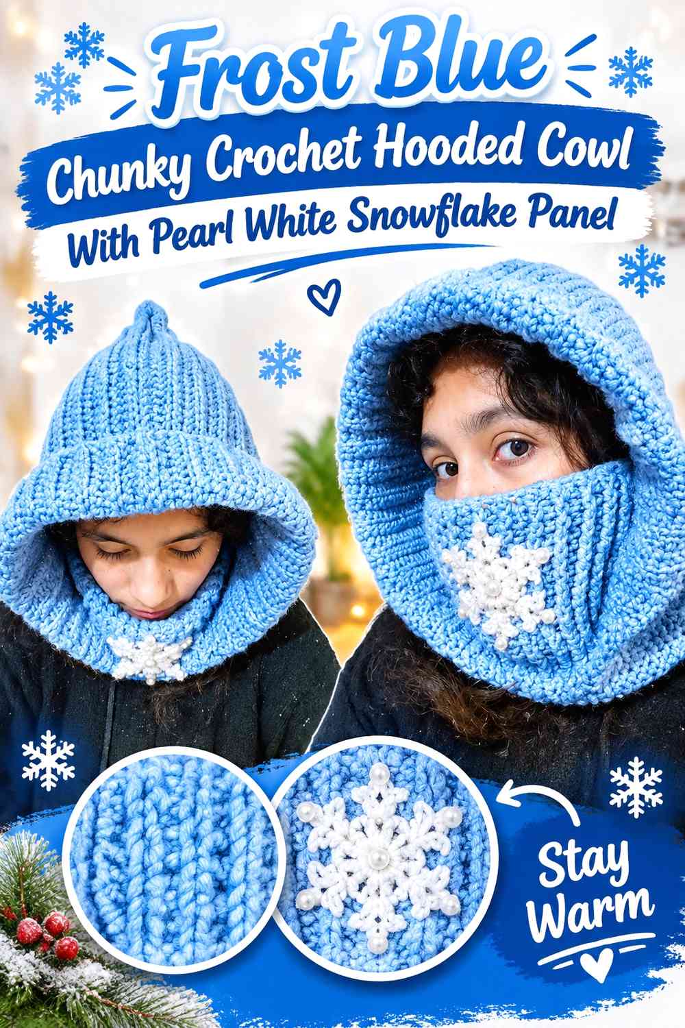 Frost Blue Chunky Crochet Hooded Cowl With Pearl White Snowflake Panel