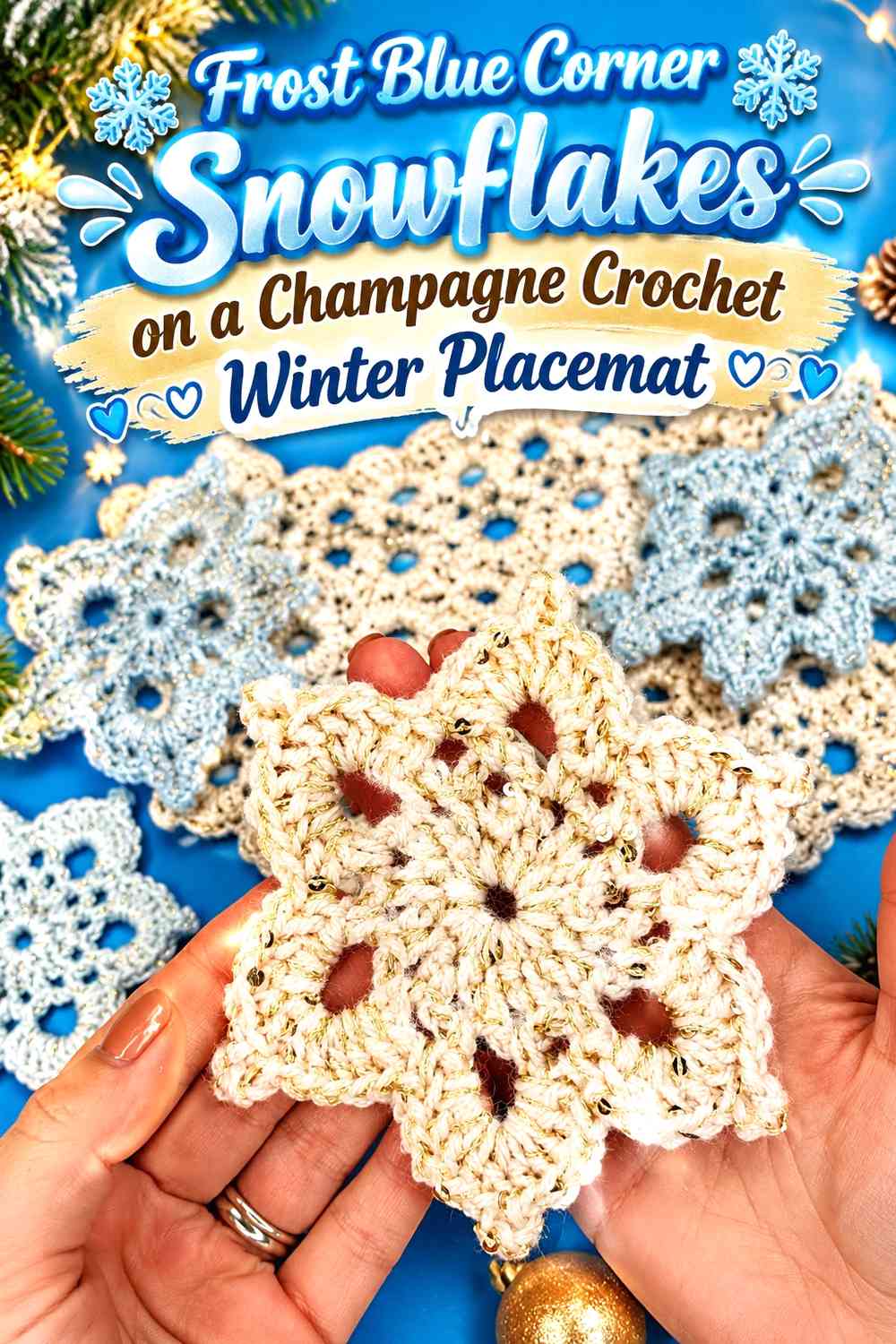 Frost Blue Corner Snowflakes on a Champagne Crochet Winter Placemat