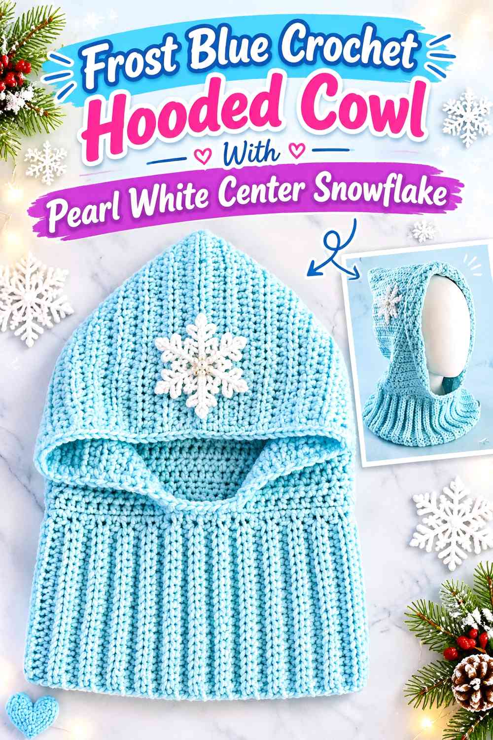 Frost Blue Crochet Hooded Cowl With Pearl White Center Snowflake