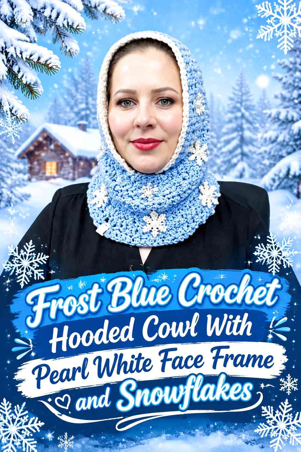 Frost Blue Crochet Hooded Cowl With Pearl White Face Frame and Snowflakes