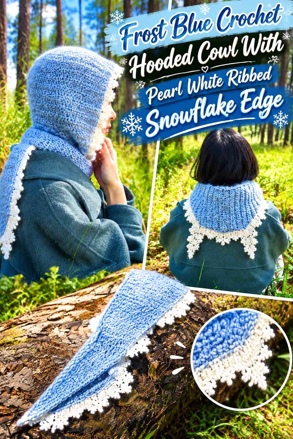 Frost Blue Crochet Hooded Cowl With Pearl White Ribbed Snowflake Edge