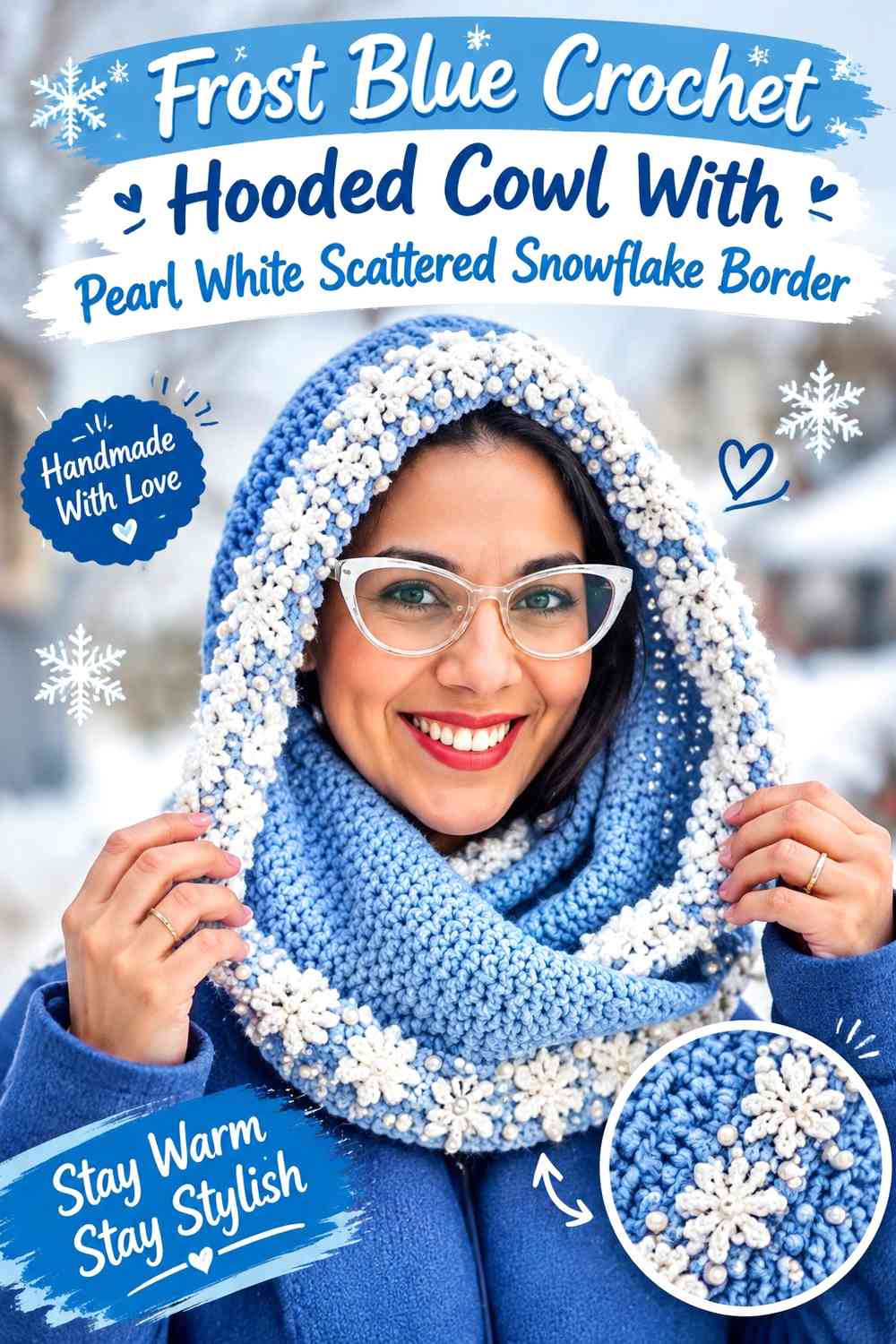 Frost Blue Crochet Hooded Cowl With Pearl White Scattered Snowflake Border