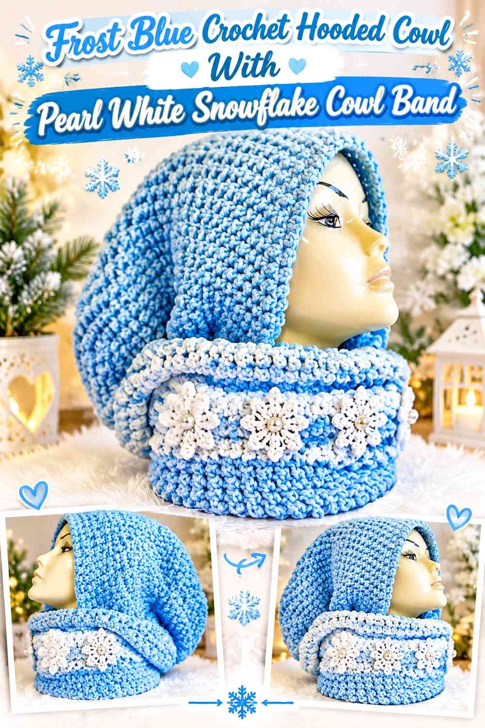 Frost Blue Crochet Hooded Cowl With Pearl White Snowflake Cowl Band