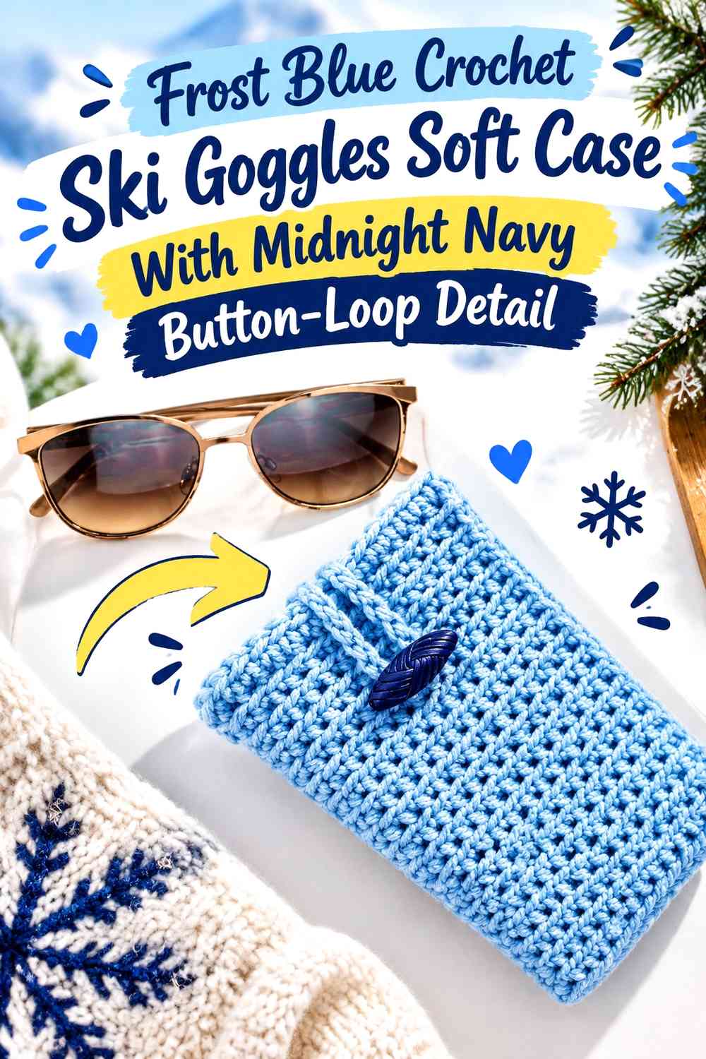 Frost Blue Crochet Ski Goggles Soft Case With Midnight Navy Button-Loop Detail