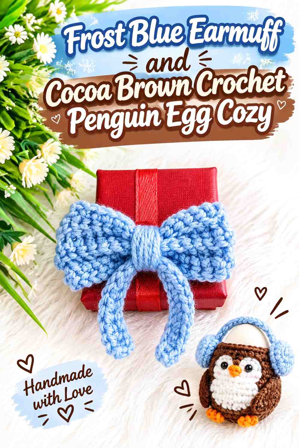Frost Blue Earmuff and Cocoa Brown Crochet Penguin Egg Cozy