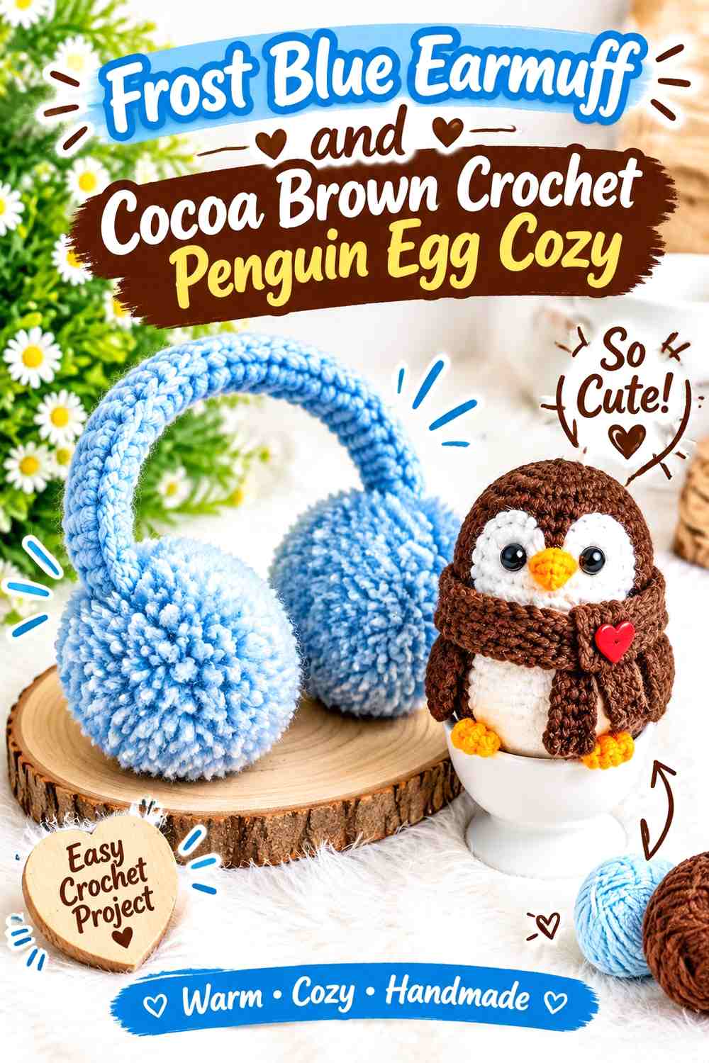 Frost Blue Earmuff and Cocoa Brown Crochet Penguin Egg Cozy