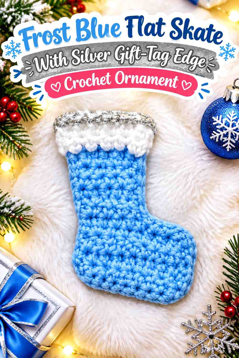 Frost Blue Flat Skate With Silver Gift-Tag Edge Crochet Ornament
