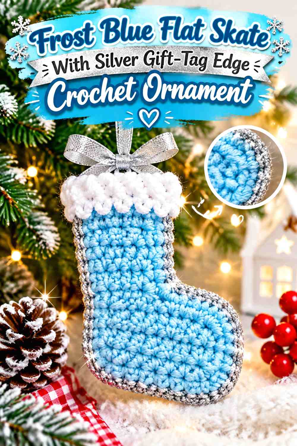 Frost Blue Flat Skate With Silver Gift-Tag Edge Crochet Ornament