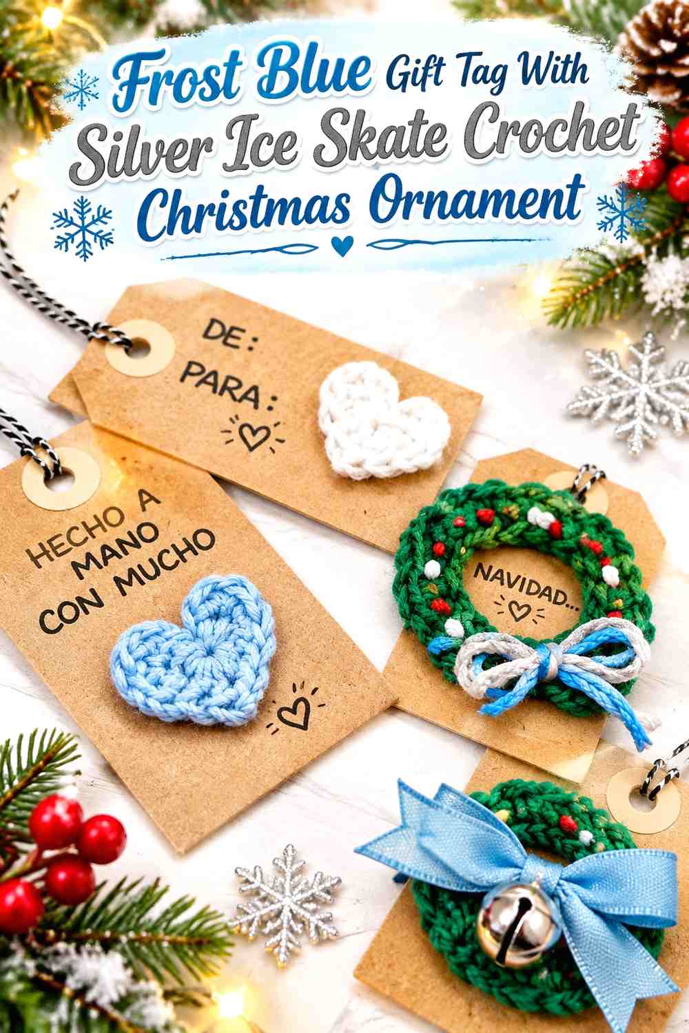 Frost Blue Gift Tag With Silver Ice Skate Crochet Christmas Ornament