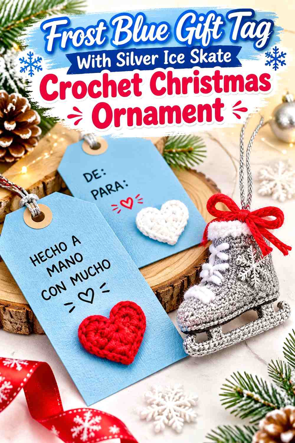 Frost Blue Gift Tag With Silver Ice Skate Crochet Christmas Ornament