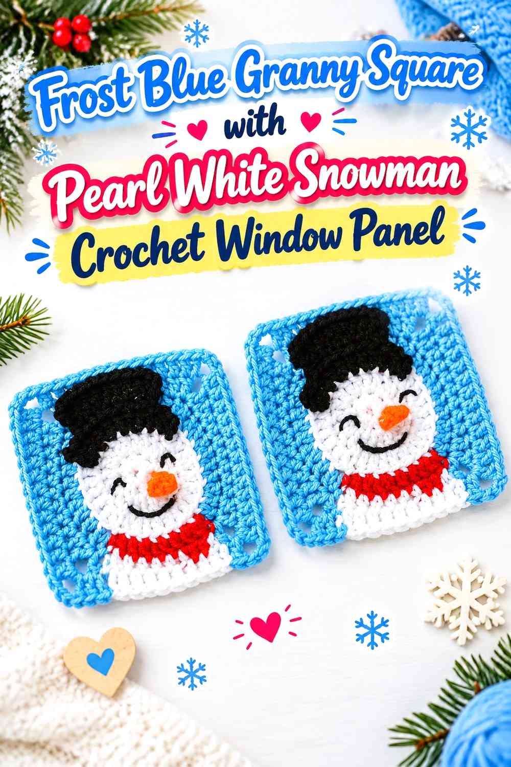 Frost Blue Granny Square with Pearl White Snowman Crochet Window Panel