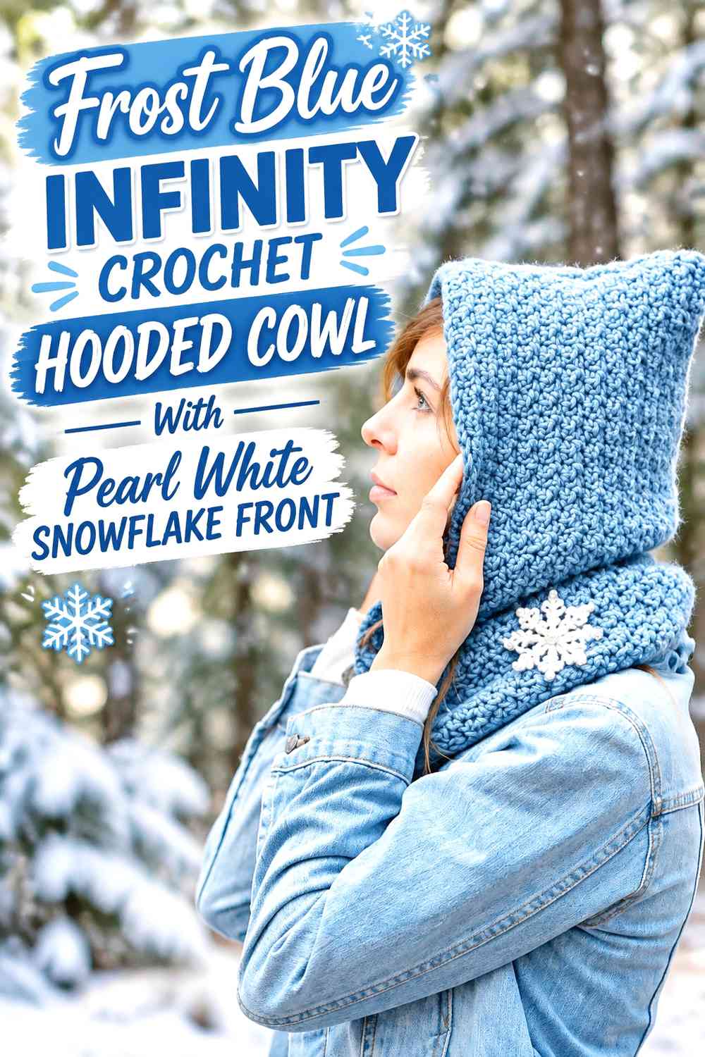 Frost Blue Infinity Crochet Hooded Cowl With Pearl White Snowflake Front