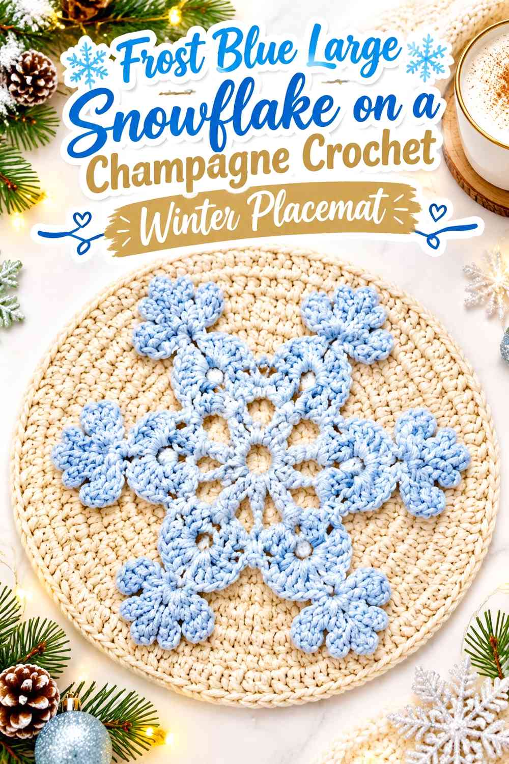 Frost Blue Large Snowflake on a Champagne Crochet Winter Placemat