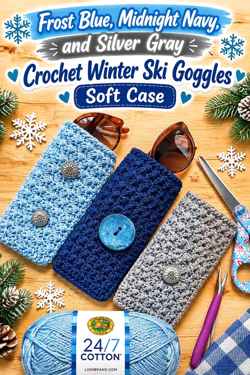 Frost Blue, Midnight Navy, and Silver Gray Crochet Winter Ski Goggles Soft Case