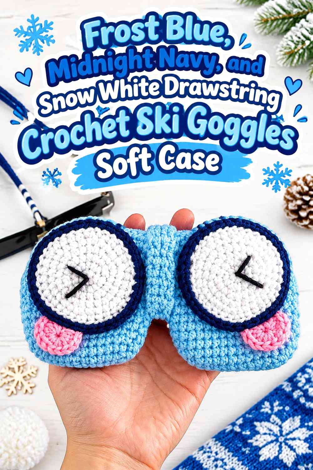 Frost Blue, Midnight Navy, and Snow White Drawstring Crochet Ski Goggles Soft Case