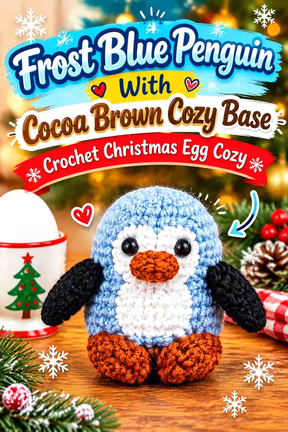 Frost Blue Penguin With Cocoa Brown Cozy Base Crochet Christmas Egg Cozy