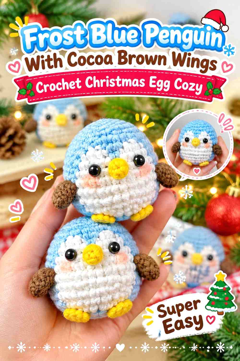 Frost Blue Penguin With Cocoa Brown Wings Crochet Christmas Egg Cozy