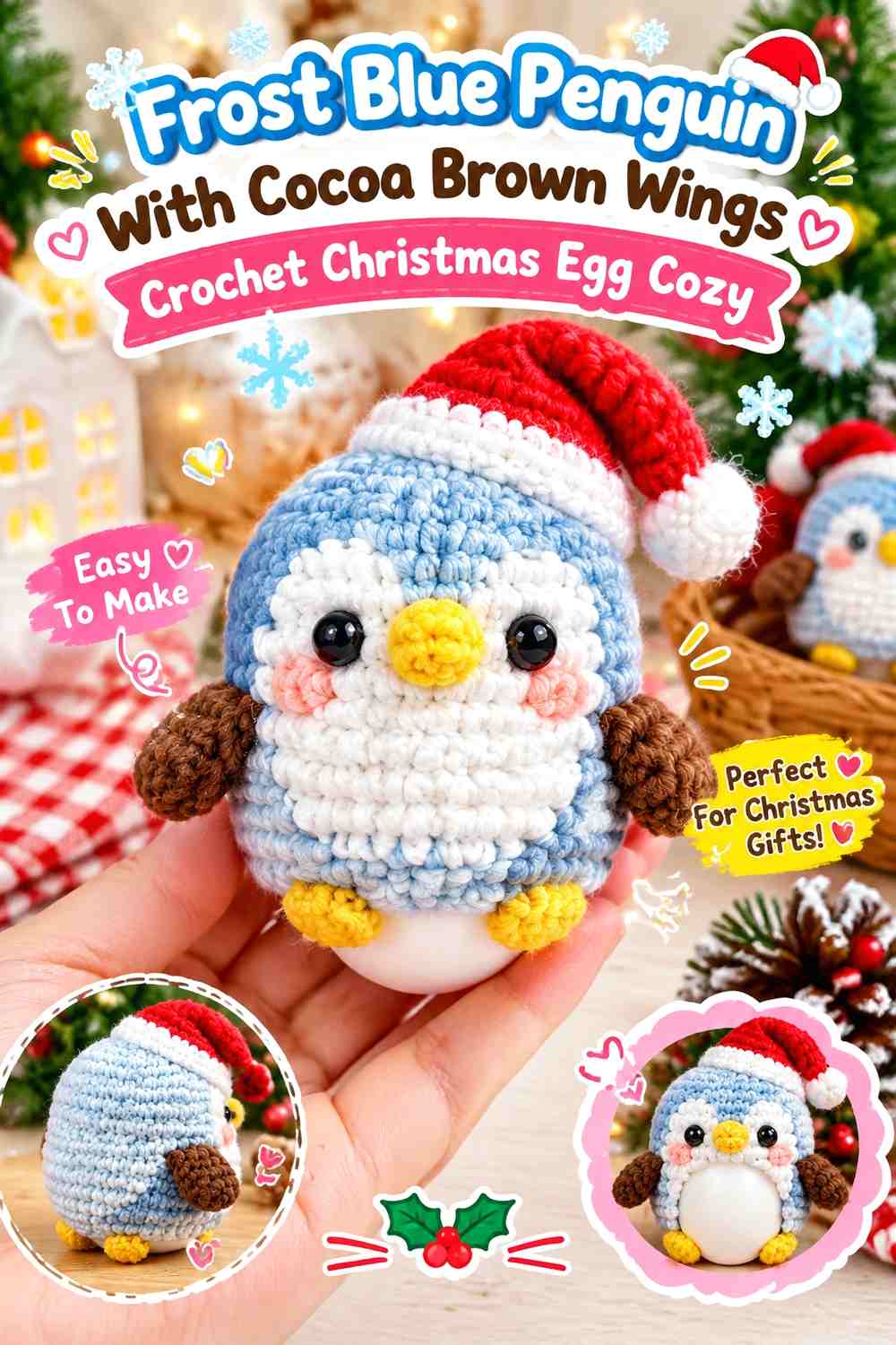 Frost Blue Penguin With Cocoa Brown Wings Crochet Christmas Egg Cozy