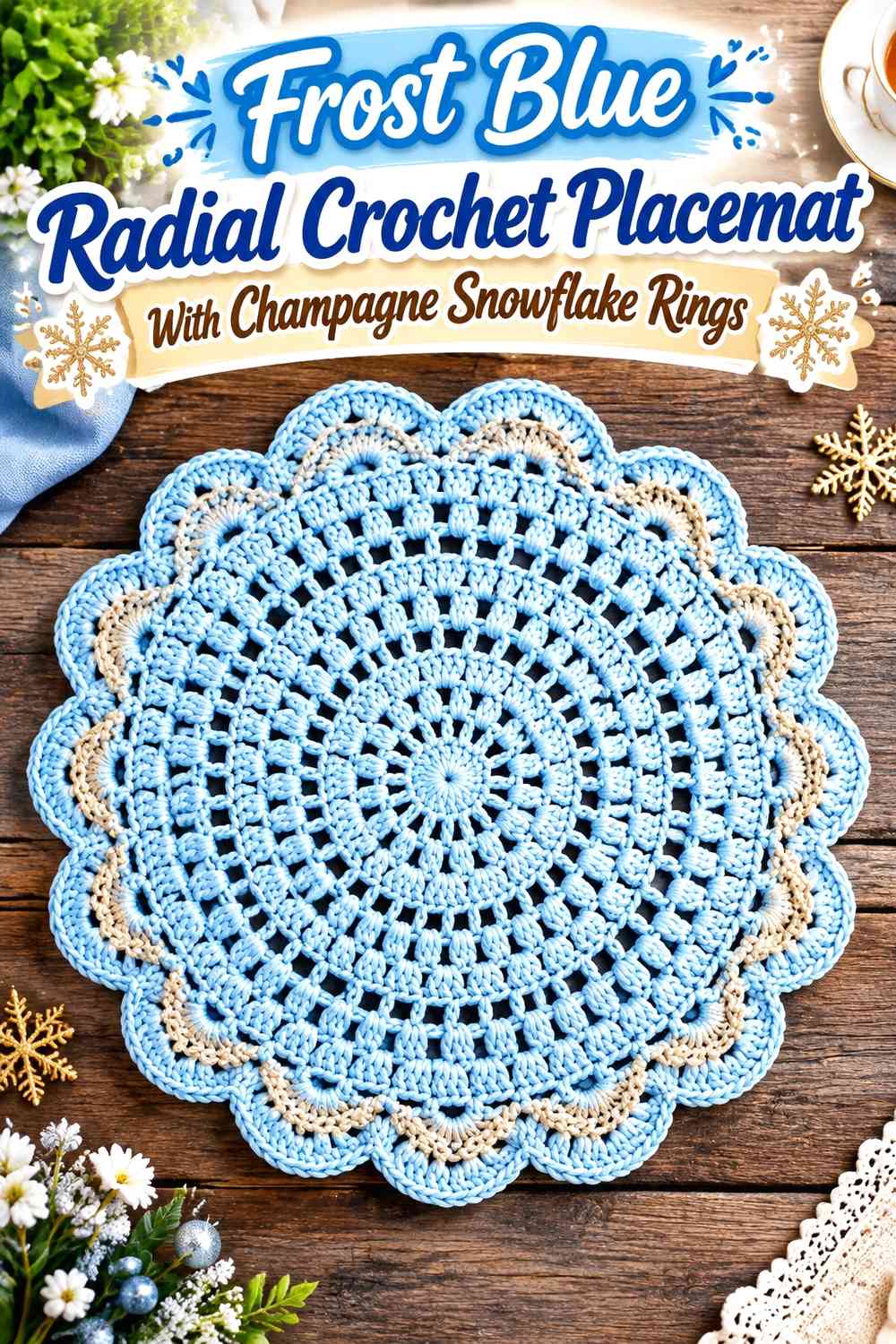 Frost Blue Radial Crochet Placemat With Champagne Snowflake Rings