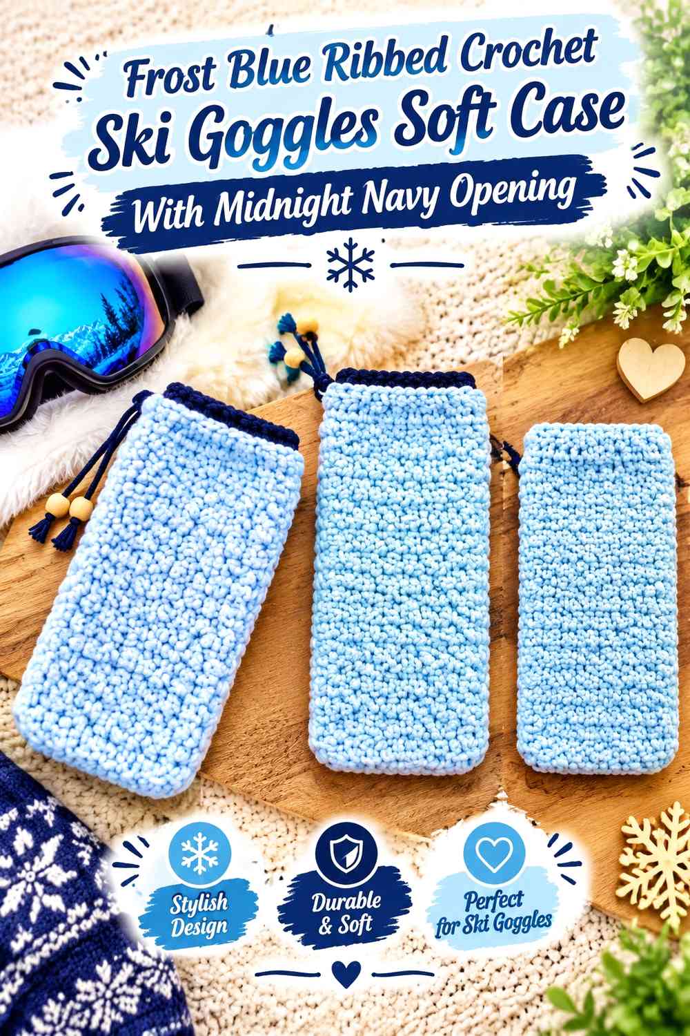 Frost Blue Ribbed Crochet Ski Goggles Soft Case With Midnight Navy Opening