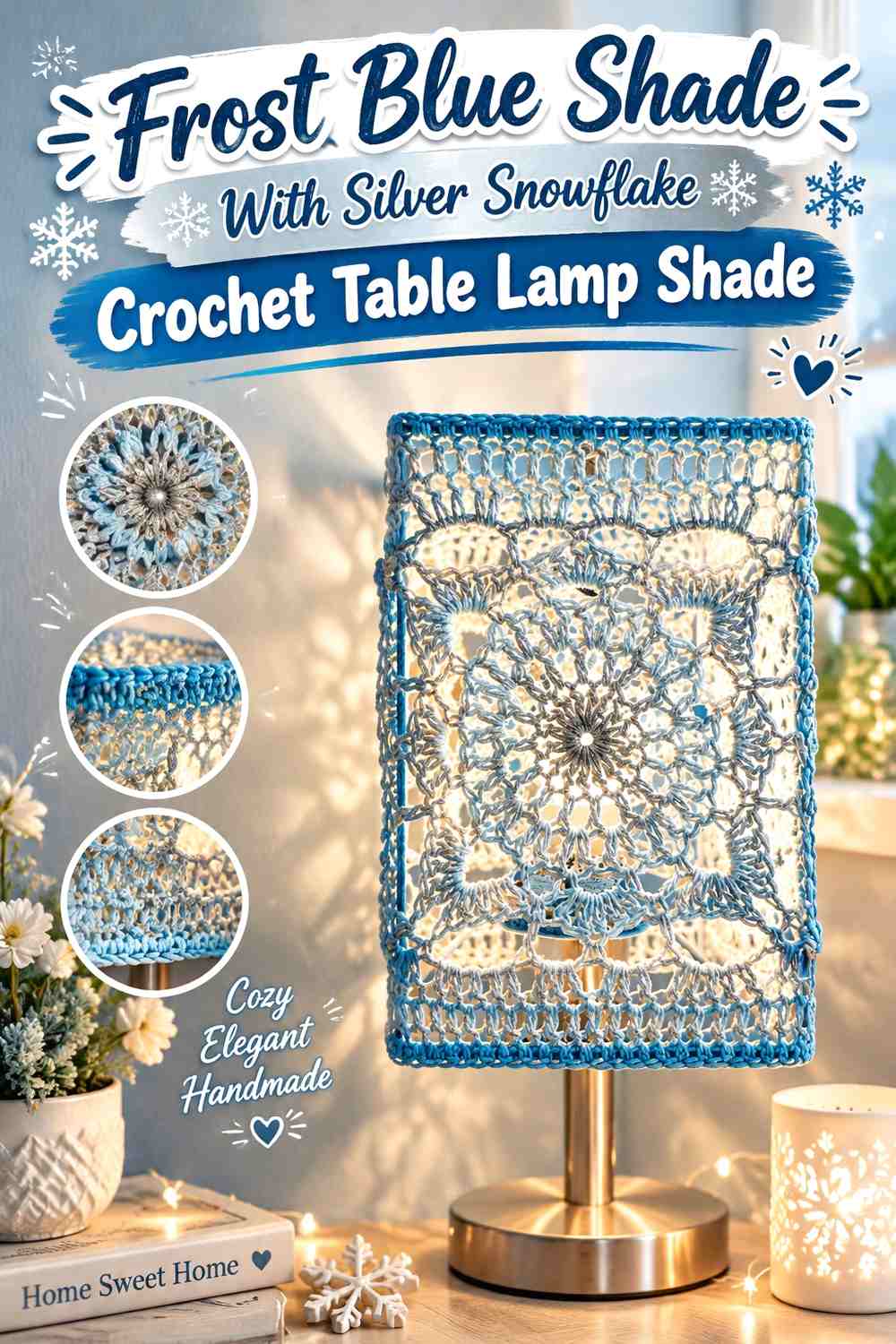 Frost Blue Shade With Silver Snowflake Crochet Table Lamp Shade