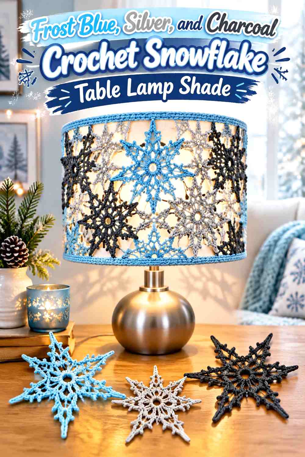 Frost Blue, Silver, and Charcoal Crochet Snowflake Table Lamp Shade
