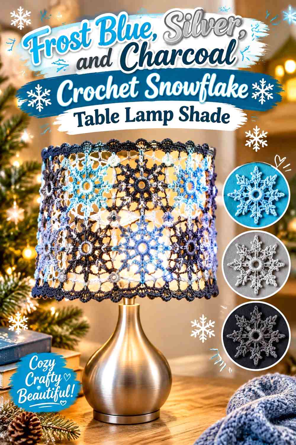 Frost Blue, Silver, and Charcoal Crochet Snowflake Table Lamp Shade