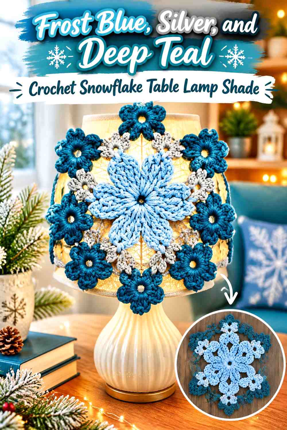 Frost Blue, Silver, and Deep Teal Crochet Snowflake Table Lamp Shade