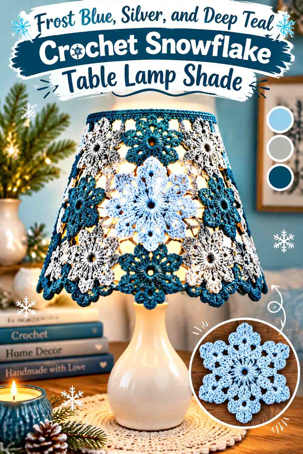 Frost Blue, Silver, and Deep Teal Crochet Snowflake Table Lamp Shade