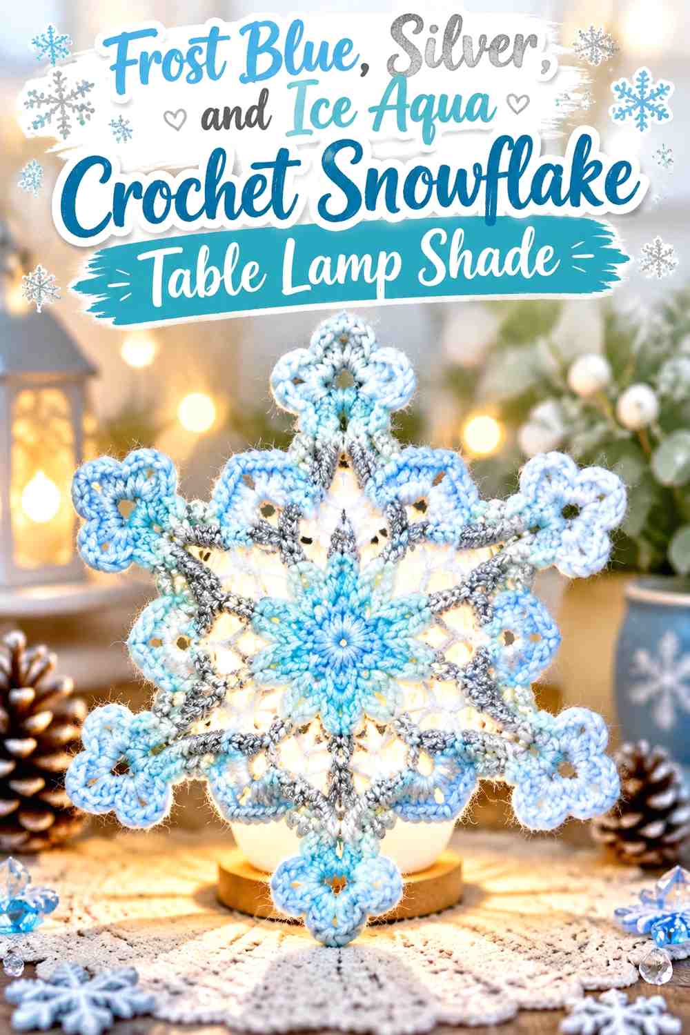 Frost Blue, Silver, and Ice Aqua Crochet Snowflake Table Lamp Shade