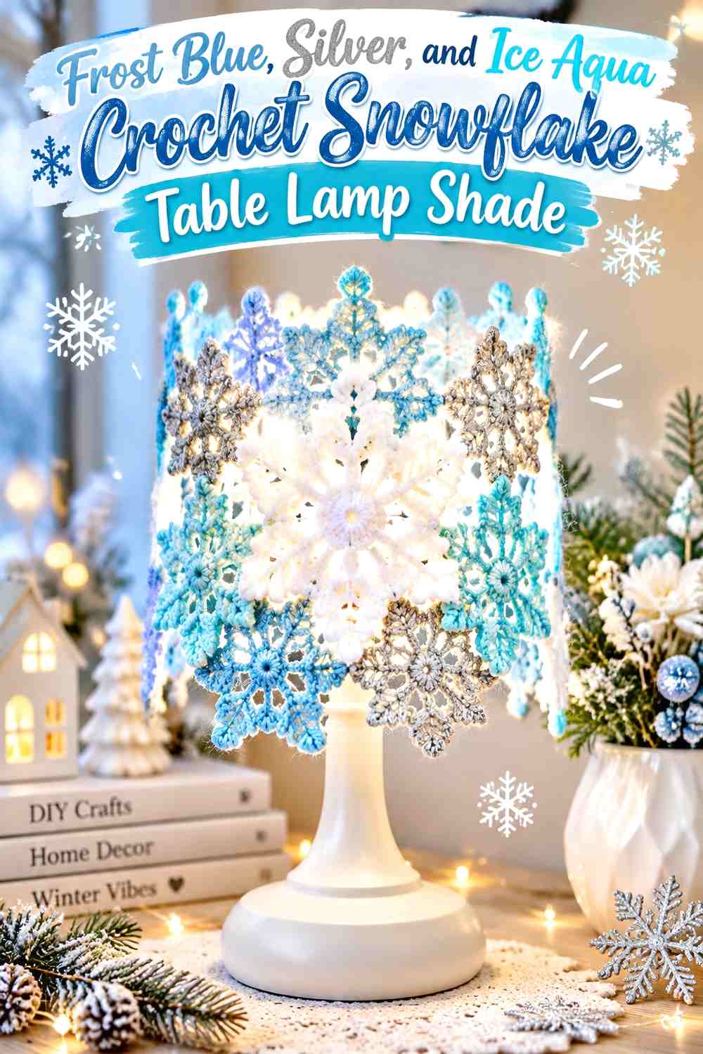 Frost Blue, Silver, and Ice Aqua Crochet Snowflake Table Lamp Shade