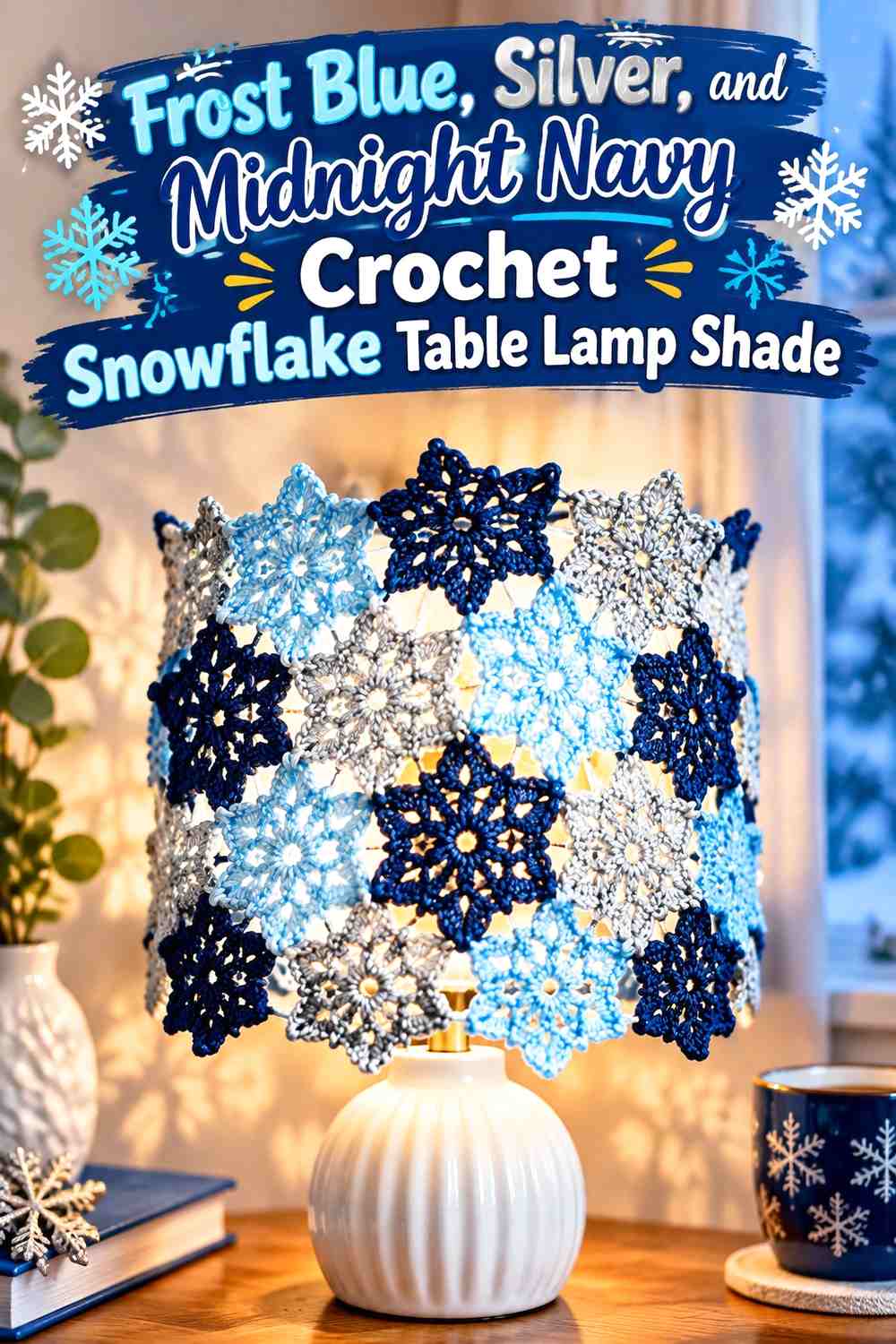 Frost Blue, Silver, and Midnight Navy Crochet Snowflake Table Lamp Shade